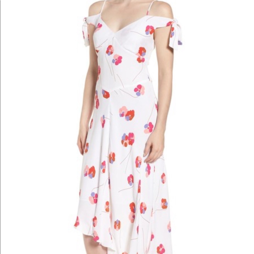 lewit tie sleeve cold shoulder flora midi dress